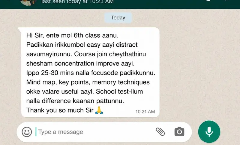 Parent WhatsApp review: concentration improved for 6th class student